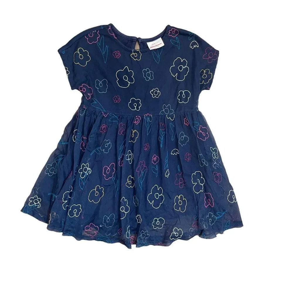 Hanna Andersson Tulle Overlay Navy Blue Embroidered Floral Dress Girls Size 5